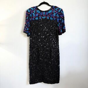 Laurence Kazar Vintage Sequin Beaded Cocktail Dress Black Blue Pink PL 80s 90s